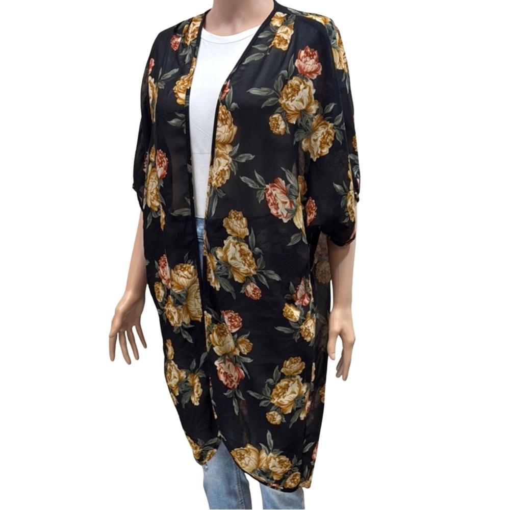 Live 4 Truth Black Floral Boho Kimono Cardigan Duster – Size XL